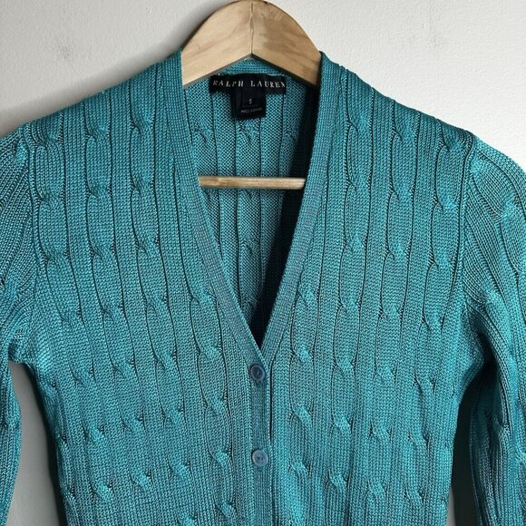 RALPH Lauren Black Label 100% silk Green Blue Cable Knit V Neck Cardigan Small - Picture 5 of 13